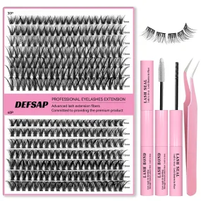DEFSAP DIY Eyelash Extension Kit, 240pcs lash Extension Kit 9-15mm Mix, 30D 40D Curl Individual Lash Clusters with Bond, and Tweezers