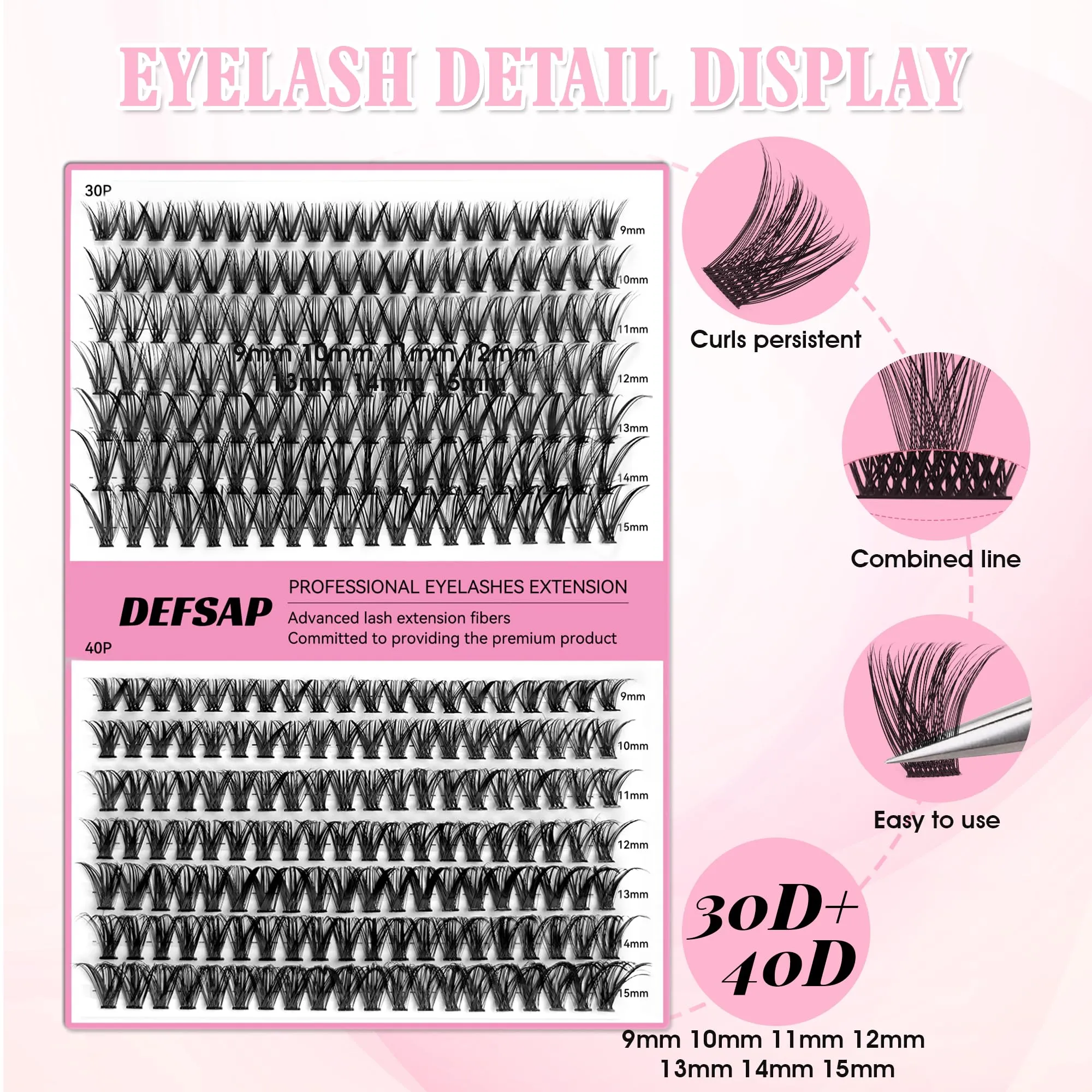 DEFSAP DIY Eyelash Extension Kit, 240pcs lash Extension Kit 9-15mm Mix, 30D 40D Curl Individual Lash Clusters with Bond, and Tweezers