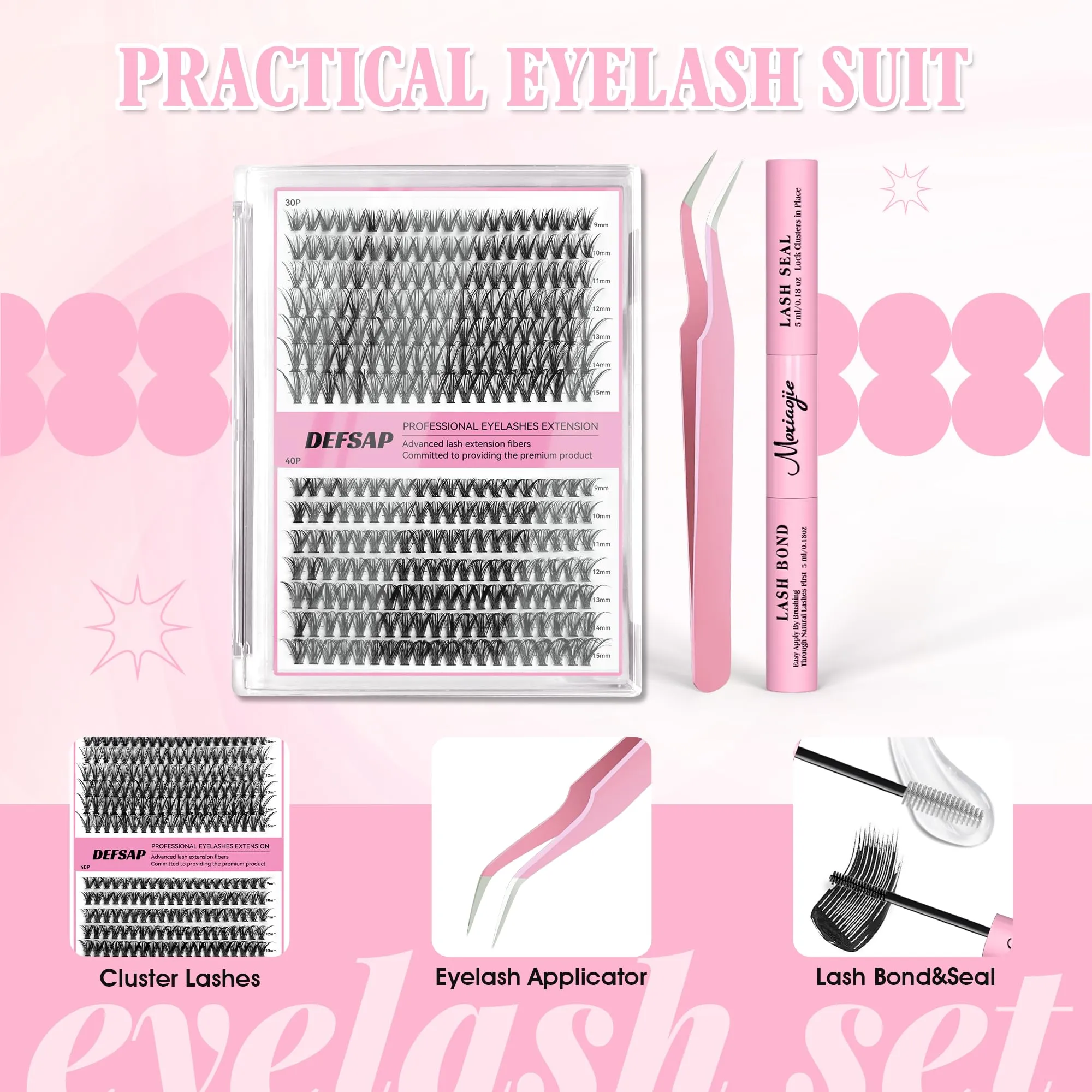 DEFSAP DIY Eyelash Extension Kit, 240pcs lash Extension Kit 9-15mm Mix, 30D 40D Curl Individual Lash Clusters with Bond, and Tweezers