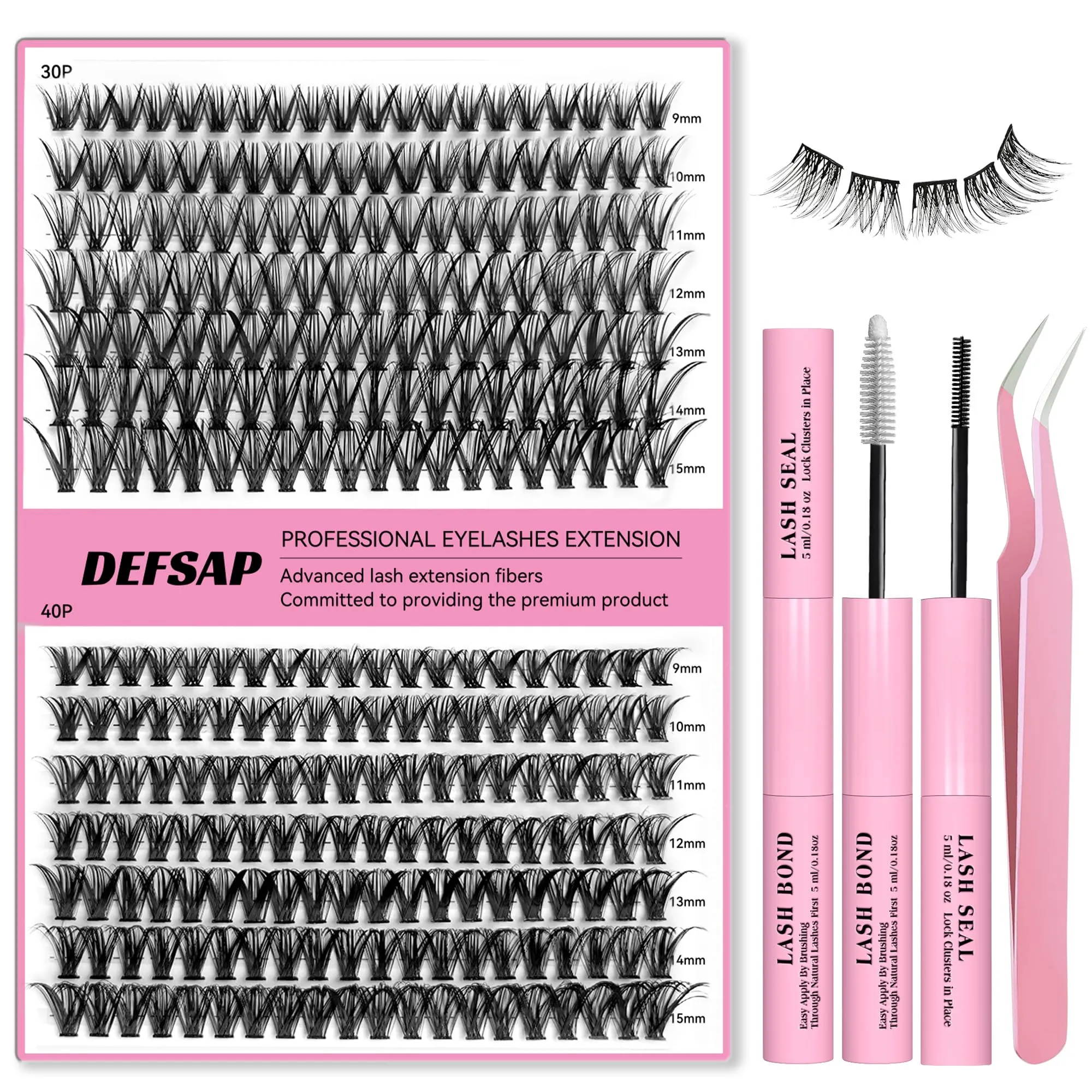 DEFSAP DIY Eyelash Extension Kit, 240pcs lash Extension Kit 9-15mm Mix, 30D 40D Curl Individual Lash Clusters with Bond, and Tweezers