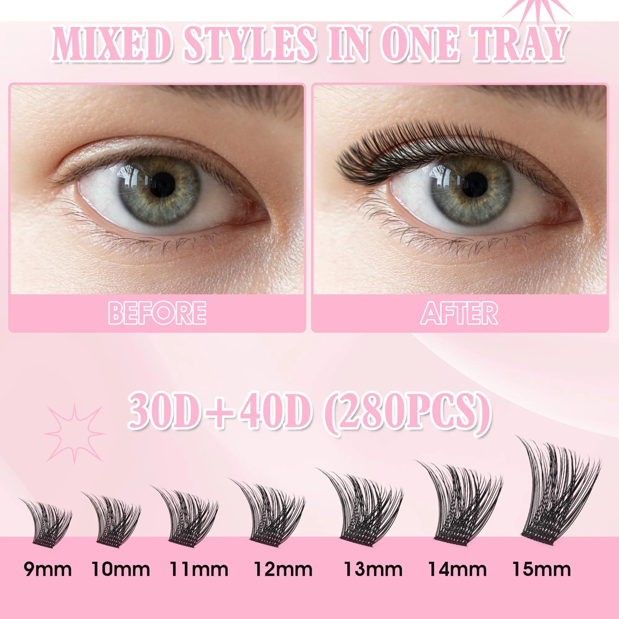 DEFSAP DIY Eyelash Extension Kit, 240pcs lash Extension Kit 9-15mm Mix, 30D 40D Curl Individual Lash Clusters with Bond, and Tweezers