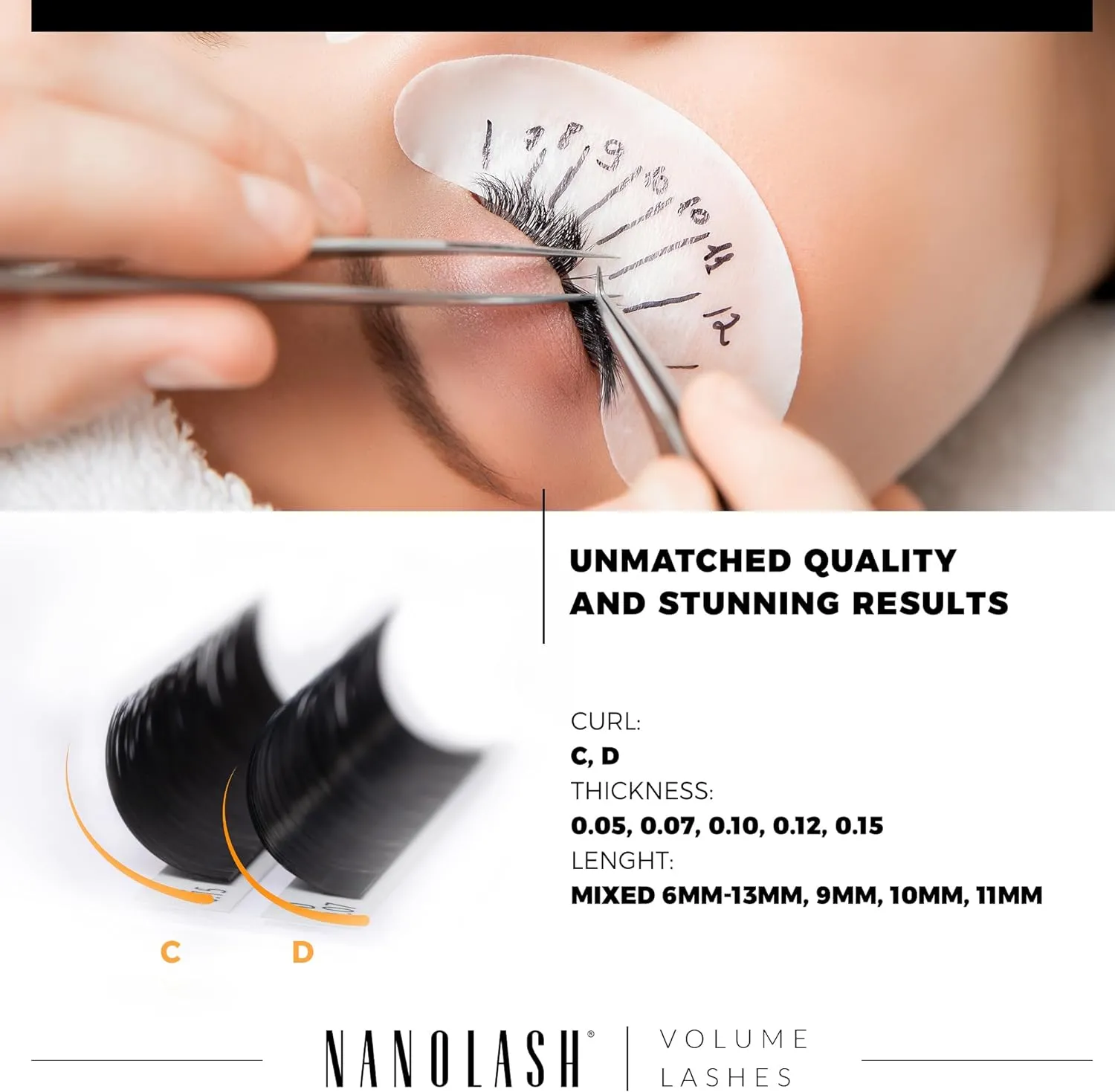 Nanolash Volume Lashes - false lashes for professional eyelash extensions, volume eyelash extensions (0.12 D, MIX 6-13mm)